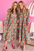 Multi-Color Abstract Geometric Print Long Sleeve High Waist Dress